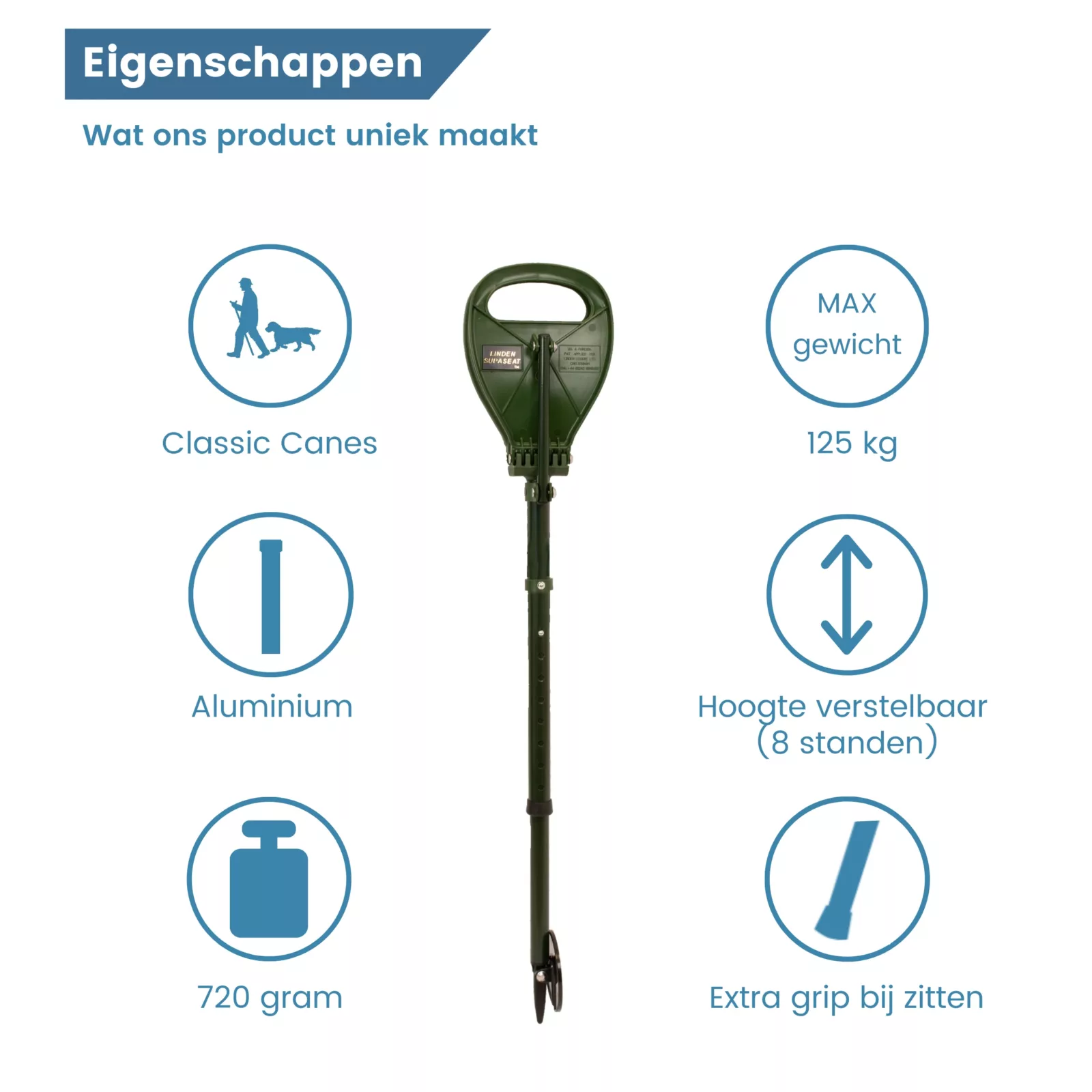 Eigenschaften des Supaseat-Wanderstocks in Grün